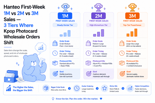 Hanteo First-Week 1M vs 2M vs 3M Sales — 3 Tiers Where Kpop Photocard Wholesale Orders Shift